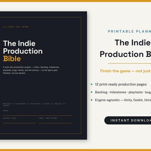 Indie Game Dev Production Planner, Solo Dev System, Backlog, Milestones, Playtests (PDF Download)