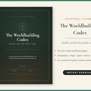 Pode incluir: Um planejador imprimível verde-escuro intitulado The Worldbuilding Codex com texto dourado e um ícone de bússola. Inclui 12 páginas de exercícios prontas para imprimir sobre geografia, magia, deuses, história e povos para escritores.
