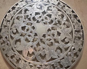 Vintage Sterling Silver Overlay Glass Trivet – Art Nouveau Floral Pierced Cutwork (6 Inch)