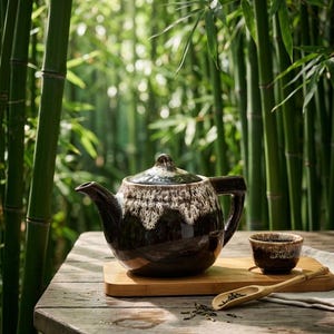 May include: A dark brown ceramic teapot and a matching small teacup sit on a rectangular bamboo tray. A light-colored wooden tea scoop containing loose tea leaves rests on the surface next to the tray, which features a white drip glaze pattern.