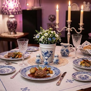 May include: A dining table set with white and blue floral patterned porcelain plates, a matching centerpiece vase with white and blue flowers, a silver candelabra with three lit candles, crystal glasses, and a white tablecloth with blue embroidery.