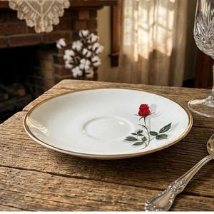 Antique Bavarian Rote Rose Porcelain Saucer, Red Rose Gold Rim German China