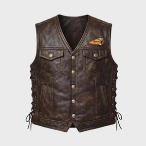 Indian Motorcycle Leather Vest Men, Brown Genuine Leather Biker Vest with Back Patch, Vintage Rider Club Sleeveless Jacket Western Waistcoat