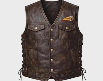 en’s Brown Leather Motorcycle Vest | Vintage Biker Vest | Genuine Leather Riding Vest | Western Sleeveless Jacket | Retro Motorcycle Style