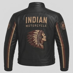 Herren schwarze Leder Motorradjacke | Indian Native Eagle Rückenstickerei | Vintage Moto Racing Mantel | Premium Streetwear Jacke
