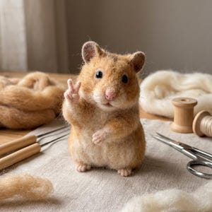 Könnte beinhalten: Eine nadelgefilzte Hamsterfigur aus flauschigen goldbraunen und cremefarbenen Wollfasern. Der Hamster steht aufrecht, eine Pfote ist zum Victory-Zeichen erhoben, und er hat kleine schwarze Perlenaugen sowie eine zartrosa Nase.
