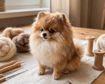 Tovningskit med naturlig ull från Pomeranian, sittande valp, för pysselentusiaster med små hundar