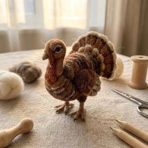 May include: A needle-felted turkey figurine crafted from wool in shades of brown, tan, and cream. The turkey features a detailed fan-shaped tail, a textured body, a small beak, and dark eyes, standing upright on two small, thin, brown felted legs.