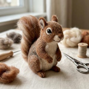 May include: A needle-felted squirrel figurine crafted from brown and cream wool fibers. The squirrel features a bushy tail, dark bead eyes, and a textured coat. It is positioned upright with its front paws tucked against its chest.