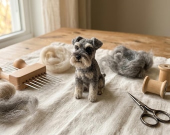 Nålfiltningskit Realistisk miniatyrschnauzer Sittande Pose Ren Ull Hobbypyssel Set