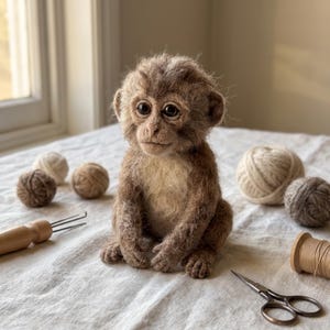 Baby Monkey Felting Kit Fluffy Seated Young Primate Tender Soulful Wildlife Fiber Art Creation