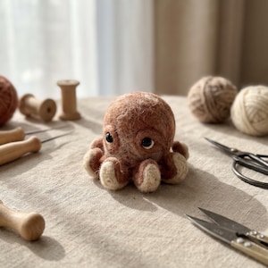 Könnte beinhalten: Eine nadelgefilzte Oktopus-Figur aus braunen und cremefarbenen Wollfasern. Der Oktopus hat einen abgerundeten Kopf, zwei große dunkle Augen und mehrere geringelte Tentakel mit hellen Unterseiten, die eine deutlich texturierte Oberfläche aufweisen.