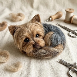 May include: A needle-felted Yorkshire Terrier figurine with tan and dark grey fur, curled into a sleeping position. The sculpture features realistic dark eyes and a brown nose, surrounded by loose wool fibres, a wooden felting tool, and scissors.