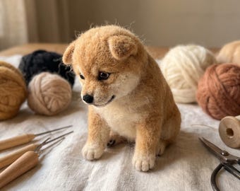Shiba Inu Needle Felting Kit soft seated tan puppy holiday party ornament complete wool craft set