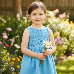 Peut inclure: Une robe bleu clair sans manches avec un corsage en crochet à motif floral et une jupe unie et lisse. Le vêtement présente une encolure ronde et une partie supérieure ajustée qui se transforme en une jupe froncée et évasée à la taille.