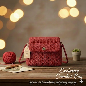 Peut inclure: Un sac bandoulière en crochet de couleur rouille avec un rabat et un bouton-pression métallique. Une étiquette attachée à la bandoulière indique "Handmade with Love". Le texte "Exclusive Crochet Bag" et "Spin me with twisted threads, and gain my company..." est visible.
