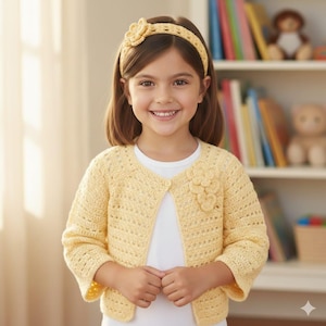 Peut inclure: Un gilet en crochet jaune pâle avec des manches trois-quarts et une fermeture à un seul bouton au niveau de l'encolure. Le vêtement est orné d'un groupe de trois fleurs en crochet sur le côté gauche et assorti à un bandeau pour cheveux.