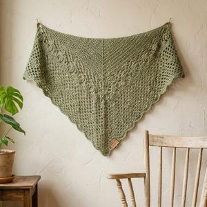 Può includere: Uno scialle triangolare all'uncinetto color verde salvia caratterizzato da un intricato motivo traforato con bordo smerlato. Il tessuto presenta una cucitura centrale verticale e una piccola etichetta rettangolare in similpelle marrone.