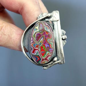 Hand made Sterling Silver and Fordite Gemstone Ring: Adjustable Size US 7,5