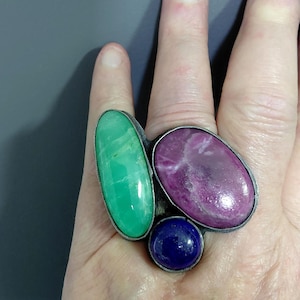 Oxidized Sterling Silver Ring: Artisan Ruby, Chrysophrase and Lapis Lazuli Gemstone, US 8 Adjustable