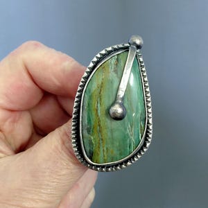 Hand made Sterling Silver and Green Larsonite Gemstone Ring: Adjustable Size US 7,5