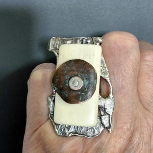 Handmade Oxidized Sterling Silver Statement Ring: Bone & Bronze, US Size 8 Adjustable