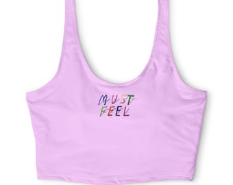 Must Feel graphic sports bra | Pastel pink crop top, hand-drawn art