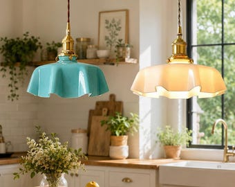 Floral Glass Pendant Light, Pink Vintage Hanging Lamp for Restaurant, Cafe, Kitchen and Home