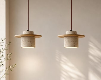 Natural Stone and Wood Chandelier, Japanese Style LED Pendant Light for Bedroom and Entryway