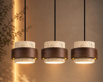 Walnut Wood Pendant Light, Retro Stone LED Hanging Lamp for Bedroom Bedside Decor
