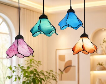 Vintage Lotus Pendant Light, Stained Glass Hanging Lamp for Bedroom Living Room & Dining Space
