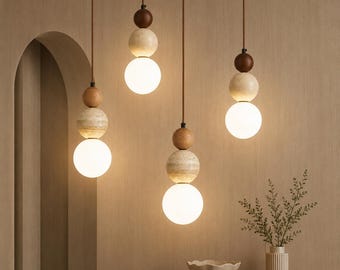 Cream Style Pendant Light, Bauhaus Stone & Wood Hanging Lamp for Bedroom Bedside Decor