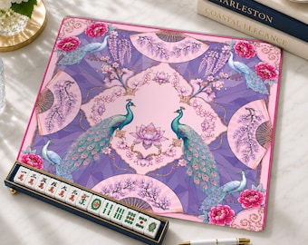 Floral Peacock Mahjong Mat, Purple Peacock Design, Purple Asian Style Mahjong Gift for Women, Non-Slip Table Cover, SHIPS ROLLED
