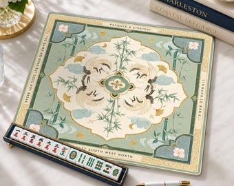 Crane Bamboo Mahjong Mat, Sage Green Chinoiserie American Mahjong Playing Mat, Non-Slip Table Cover, SHIPS ROLLED