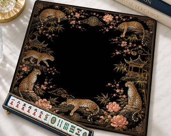 Black Chinoiserie Neoprene Mahjong Mat, Leopard And Blossom Garden Design, Luxury Game Table Mat, Non-Slip Mahjong Cover, SHIPS ROLLED