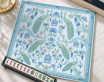 Pfau Neopren Mahjong-Matte, Chinoiserie Blue Floral American Mahjong-Abdeckung, elegantes Vogelgeschenk, rutschfeste Tischschutzhülle, SCHIFFE GEROLLT