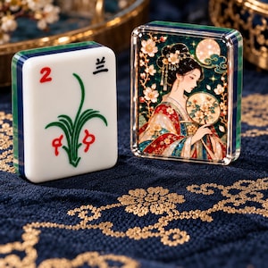 Puede incluir: Dos fichas de mahjong rectangulares con bordes redondeados. Una ficha presenta una ilustración de una planta verde, el número 2 y un carácter negro. La otra muestra una ilustración detallada de una persona con vestimenta tradicional sosteniendo un abanico.