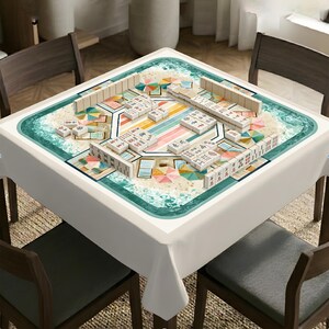May include: A square table covered with a white tablecloth featuring a printed beach scene with sand, turquoise ocean waves, and colorful umbrellas. A set of white mahjong tiles with black and red characters is arranged on the tabletop surface.