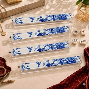 Blue White Mahjong Racks Set 4 – Premium Clear Acrylic Holder for American Mahjong, Personalized Pushers & Tile Holder Set