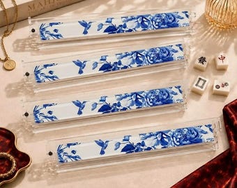 Blue White Mahjong Racks Set 4 – Premium Clear Acrylic Holder for American Mahjong, Personalized Pushers & Tile Holder Set