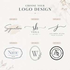 May include: A graphic display titled CHOOSE YOUR LOGO DESIGN featuring six distinct black and white logo options labeled A through F. The designs include various combinations of script and serif typography, decorative frames, and botanical elements.