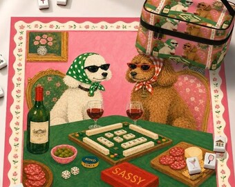 Sassy Dog neopreen mahjongmat, poedelwijn partijontwerp Amerikaanse mahjong-tafelmat, antislip tafelbeschermhoes, schepen opgerold