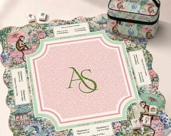 Chinoiserie Monkey Mahjong Mat, Floral American Mah Jongg Table Mat, Non-Slip Table Cover, SHIPS ROLLED