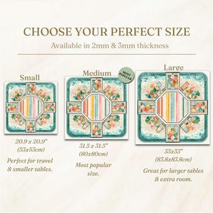 May include: A square table mat featuring a beach scene with colorful umbrellas and lounge chairs, available in small 20.9 x 20.9 inch, medium 31.5 x 31.5 inch, and large 33 x 33 inch sizes, with a 2mm or 3mm thickness option and text labels.