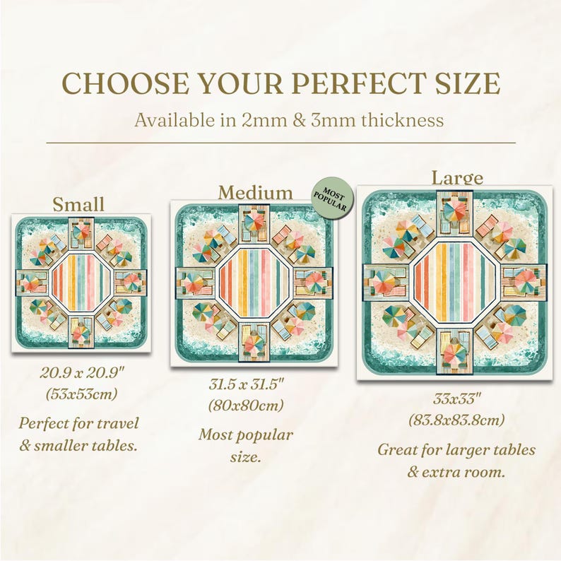 May include: A square table mat featuring a beach scene with colorful umbrellas and lounge chairs, available in small 20.9 x 20.9 inch, medium 31.5 x 31.5 inch, and large 33 x 33 inch sizes, with a 2mm or 3mm thickness option and text labels.
