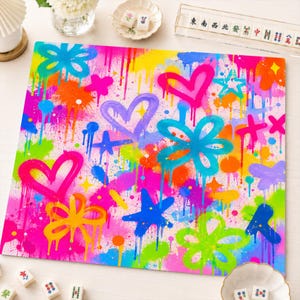 Neoprene Mahjong Mat, Colorful Graffiti Table Mat, Pop Art Decor Game Mat, Non-Slip Table Protection Cover, SHIPS ROLLED