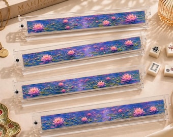 Monet Inspired Lotus Pond Mahjong Racks Set 4 – Premium Clear Acrylic Holder for American Mahjong, Personalized Pushers & Tile Holder Set
