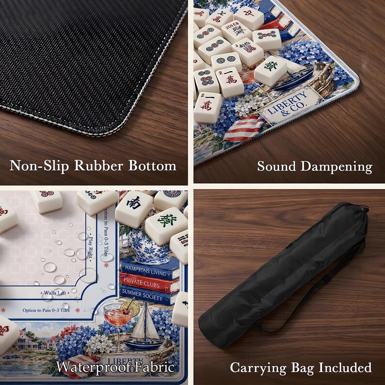 May include: A mahjong play mat featuring a non-slip rubber bottom, sound dampening properties, and waterproof fabric. The mat displays a coastal scene with Liberty & Co. text, mahjong tiles, and a black carrying bag is included for storage.