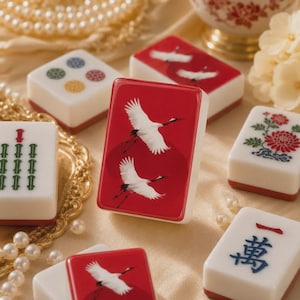 Chinoiserie Crane Mahjong Tiles | 1.4"x1.0"x0.6" Red Porcelain American Mahjong Acrylic Tiles | Luxe Mahjong Gift | 160 Piece