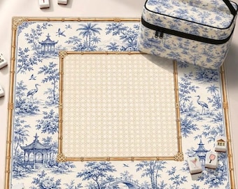 Blauwe chinoiserie neopreen mahjongmat, toile tuin bamboe ontwerp Amerikaanse mahjong-tafelmat, antislip tafelbeschermhoes, schepen opgerold